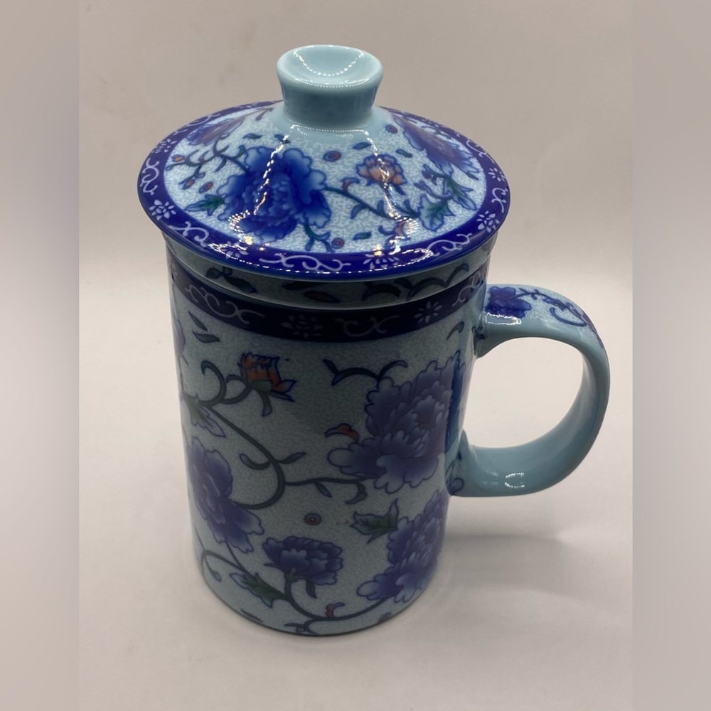 Blue Pink Floral Chinese Porcelain Loose Leaf Brewing Tea Infuser Mug 3pc